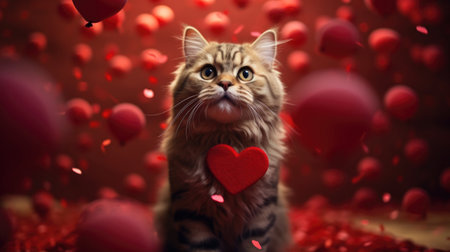 The cat celebrates Valentine's Day, February 14, March 8, love and date. AI generatedの素材