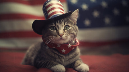 July 4, America's Independence Day, the cat celebrates the holiday, USA. in a hat and scarf AI generatedの素材