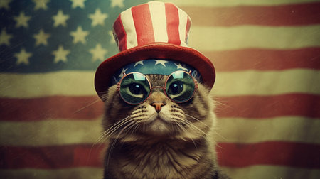 July 4, America's Independence Day, the cat Wearing glasses celebrates the holiday, USA. AI generatedの素材