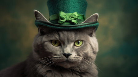 Cat celebrates St. Patrick's Day in a green suit, top hat, clover. portrait AI generatedの素材