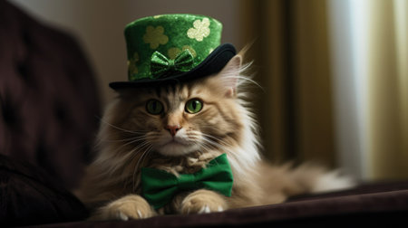 Cat celebrates St. Patrick's Day in a green suit, top hat, clover. AI generatedの素材