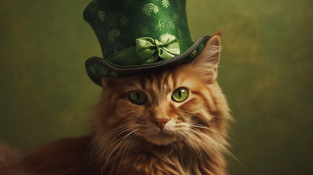 Red Cat celebrates St. Patrick's Day in a green suit, top hat, clover. AI generatedの素材