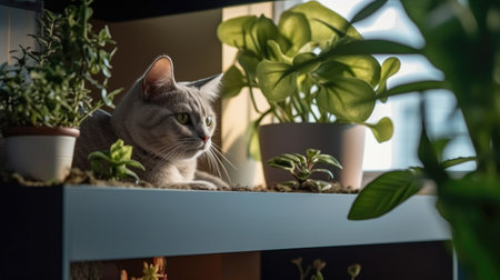 Cat and house plants in the apartment, a lot of greenery. Pots AI generatedの素材