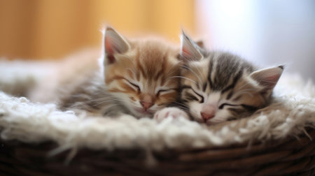 Cute kittens lying together hugging love cute, touching. sleeping, sweet. AI generatedの素材