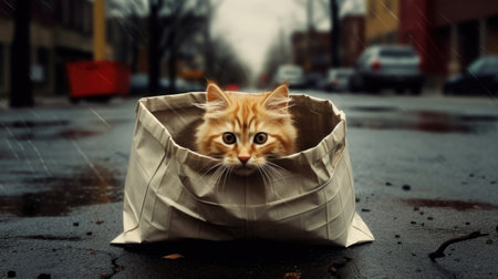 A cat abandoned on the street, loneliness, a lost, stray a pet. Kitten in a poke AI generatedの素材