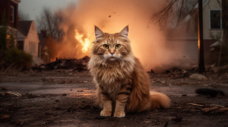 A cat abandoned on the street, loneliness, a lost, stray cat after a house fire, a pet. Cat on the background of fire. AI generatedの素材