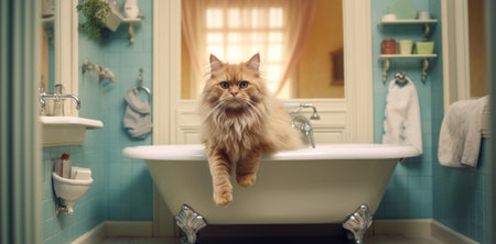 Funny cat in the bathroom, preparing to bathe, hygiene procedures, washing with water. apartment AI generatedの素材