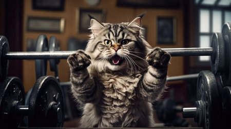 Funny cat in the gym in training, sports, weight loss, healthy lifestyle. The cat is motivated, stimulating, encouraging, screaming. AI generatedの素材