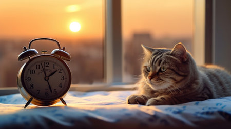 The cat is lying on the bed next to the alarm clock, getting up early, Monday morning, sweet sleep, waking up. apartment AI generatedの素材