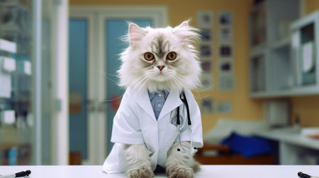 A cat in a doctor's costume in a clinic. AI generatedの素材