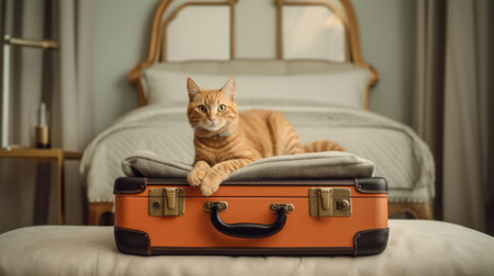 A red cat is lying on a suitcase in the bedroom, preparing for a trip, a travel. AI generatedの素材
