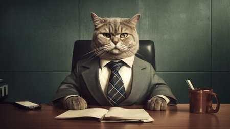 The cat is the main boss in a leather chair looking at the camera, a portrait. Office, businessman, head of the company. Funny. AI generatedの素材