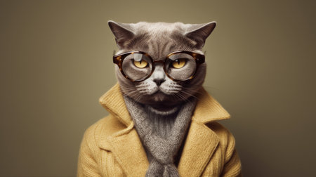 A fashionable cat in a suit, a leather jacket, a scarf and glasses, a stylish portrait. AI generatedの素材