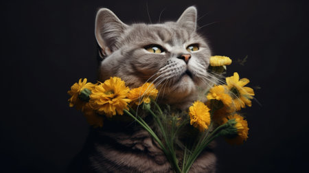 Portrait of a beautiful cat in flowers, spring, flowering, holiday. enjoyment AI generatedの素材