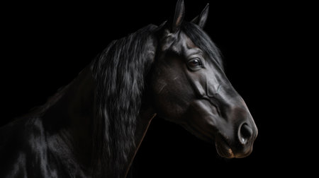 Graceful black horse with luxurious mane looks at camera standing on dark background. portrait of elegant animal generative AIの素材