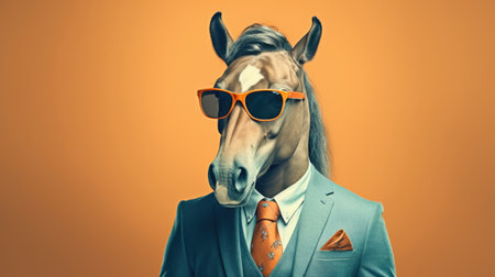 Head of horse put on human body in classic brown suit with orange tie. Domestic animal dressed in formal outfit generative AIの素材