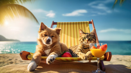 Cat and dog happily relaxing on the beach on vacation, traveling with pets, summer. lie on a sun lounger with cocktails. Palma generative AIの素材