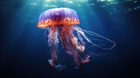 Colorful jellyfish with toxic tentacles swims in deep dark blue water illuminated with bright sun rays. Underwater marine life generative AIの素材