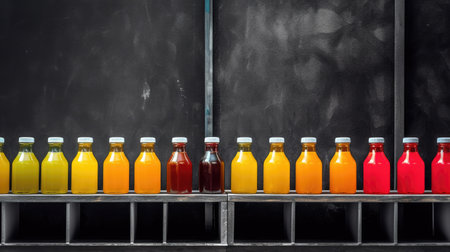 Conveyor in the production of juice, sweet water, orange bottles in the factory, natural product. minimalism generated aiの素材