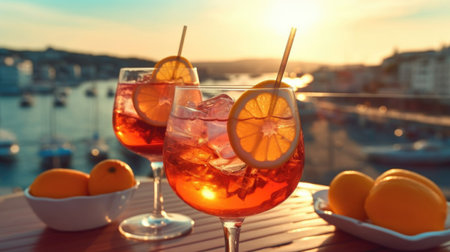 Beautiful colorful summer drinks on the table against the backdrop of the sea, vacation, vacation, travel. Refreshing alcoholic and non-alcoholic cocktails. Fruit on a plate generated aiの素材