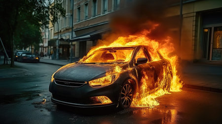 The car is on fire, flame and smoke on the street, danger, accident insurance. car arson generated aiの素材