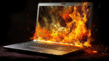 The laptop is on fire, destroyed, overheated after the game, the video card is without cooling, a program for designers. generated AIの素材