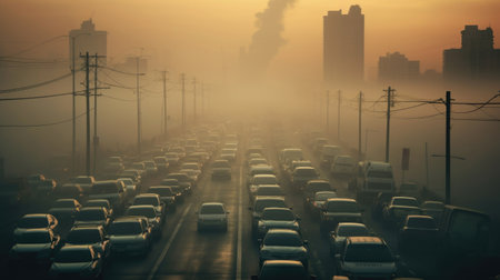 The global problem of car exhaust pollution, fuel recycling, waste in the air, smog, dirty. Cars in traffic. generated AIの素材