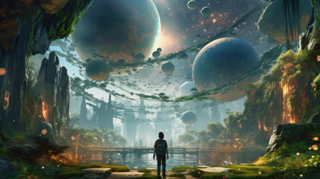 Dark silhouette of man standing near giant rocks under planets of different sizes. Futuristic landscape with lake and starry sky generative AIの素材