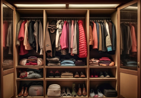 old Wardrobe with clothes in the room, shelves and hangers. generated AIの素材