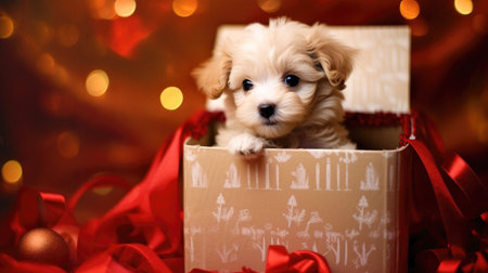 Puppy in a box is a gift for Christmas, the best surprise, happiness and love. copy text space generated aiの素材