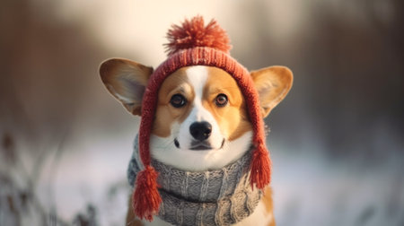 Portrait of a winter corgi dog walking in the snow. Dog in hat and scarf generated aiの素材