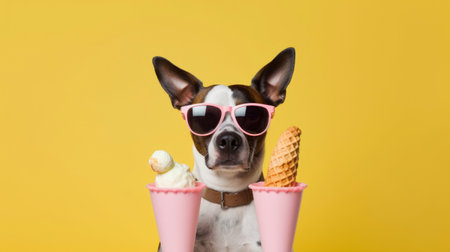 dog and cold sweet ice cream, summer vacation, travel, cooling. cool dog with glasses generated aiの素材