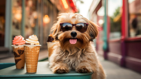 dog and cold sweet ice cream, summer vacation, travel, cooling. Cafe on the street generated aiの素材