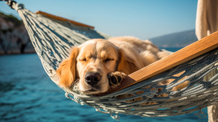 Relaxing seaside scene as a content labrador dog rests in a cozy hammock, basking in the gentle ocean breeze. generated AIの素材