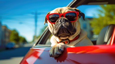 A cool dog wearing sunglasses enjoys a stylish ride in the Red car, embodying the spirit of travel and adventure with undeniable swag. generated AIの素材