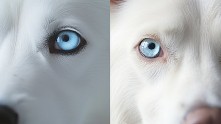 The dog has beautiful Different blue eyes, a macro look. generated AIの素材