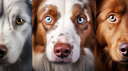 Three different dogs with beautiful eyes, a macro look. generated AIの素材
