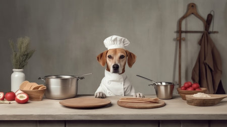 A skilled dog chef in the kitchen, passionately preparing food, showcasing culinary expertise. minimalism generated aiの素材