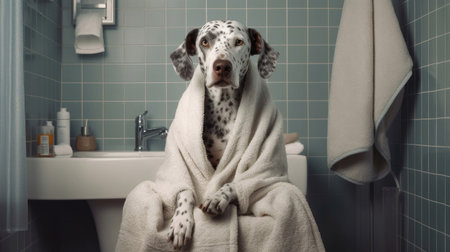 A Dalmatians dog in a bathrobe takes pride in maintaining cleanliness, in the bathroom, showcasing hygiene habits generated aiの素材