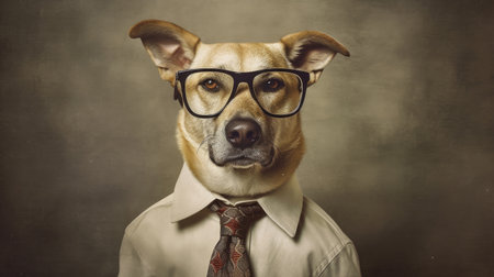 The dog is dressed in a businessman costume, cool and stylish, an employee in the office, a boss, a successful manager, caricature, humor. generated AIの素材