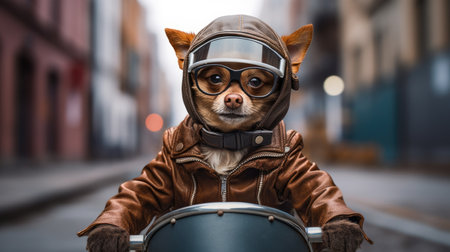 A cool biker dog takes the road by storm on a motorcycle, embodying adventure, style, and the spirit of freedom on two wheels chihuahua generated aiの素材
