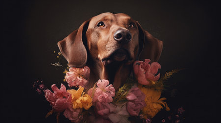 A captivating portrait of a dog surrounded by a vibrant array of flowers, capturing the beauty of nature and the essence of pet companionship. black background generated aiの素材
