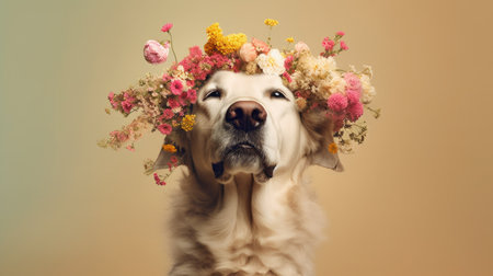 A captivating portrait of a dog surrounded by a vibrant array of flowers, capturing the beauty of nature and the essence of pet companionship. enjoyment generated aiの素材