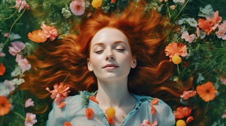 A vibrant red-haired woman lies amidst a breathtaking field of colorful flowers, as seen from a top-down perspective. Psychological stability, self-knowledge, feeling in the moment. generative AIの素材