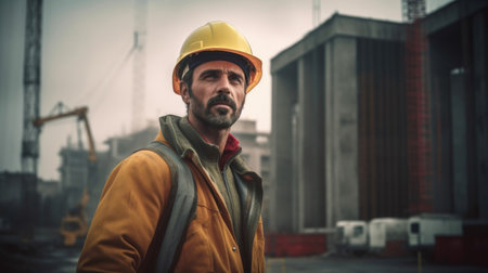 Portrait of a male construction worker on a construction site. yellow helmet generative AIの素材