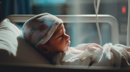A newborn in the clinic, a baby born in the hospital, a sick patient on treatment. After surgery generative AIの素材