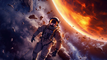 Astronaut explores alien planet, vibrant landscape, embodying curiosity and bravery. Man in outer space generative AIの素材