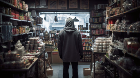 A stealthy thief, seen from behind, navigates a store, ready to commit a clandestine act. in a hood generative AIの素材