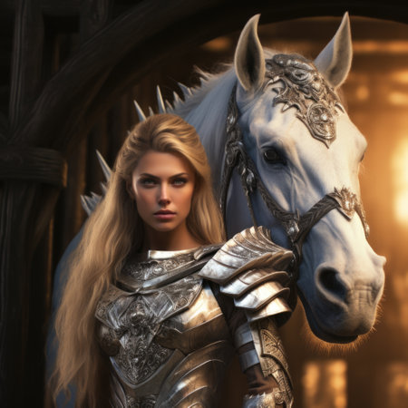 Immerse yourself in an extraordinary adventure with a captivating magician and her mystical horse, a true fantasy spectacle. White Horse AI generated.の素材
