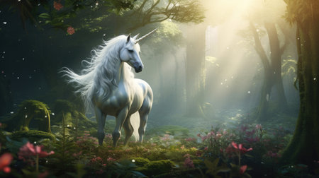 An enchanting and whimsical unicorn surrounded by a field of colorful flowers. sunlight AI generated.の素材